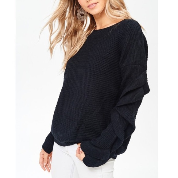 Black Ruffle Sleeve Ribbed Sweater Pullover - Picture 5 of 7